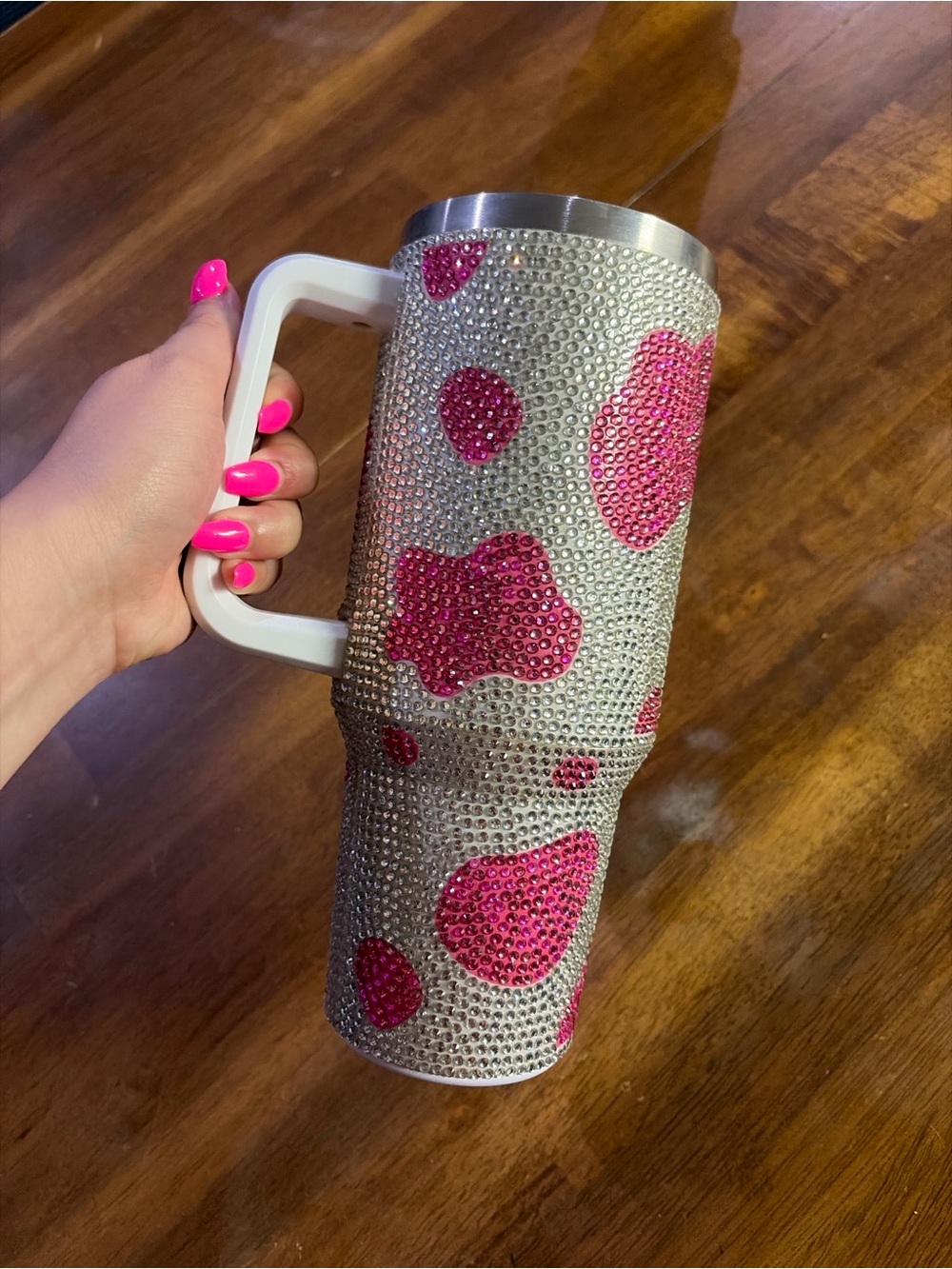 Sparkling Pink Leopard Crystal Travel Tumbler with Handle